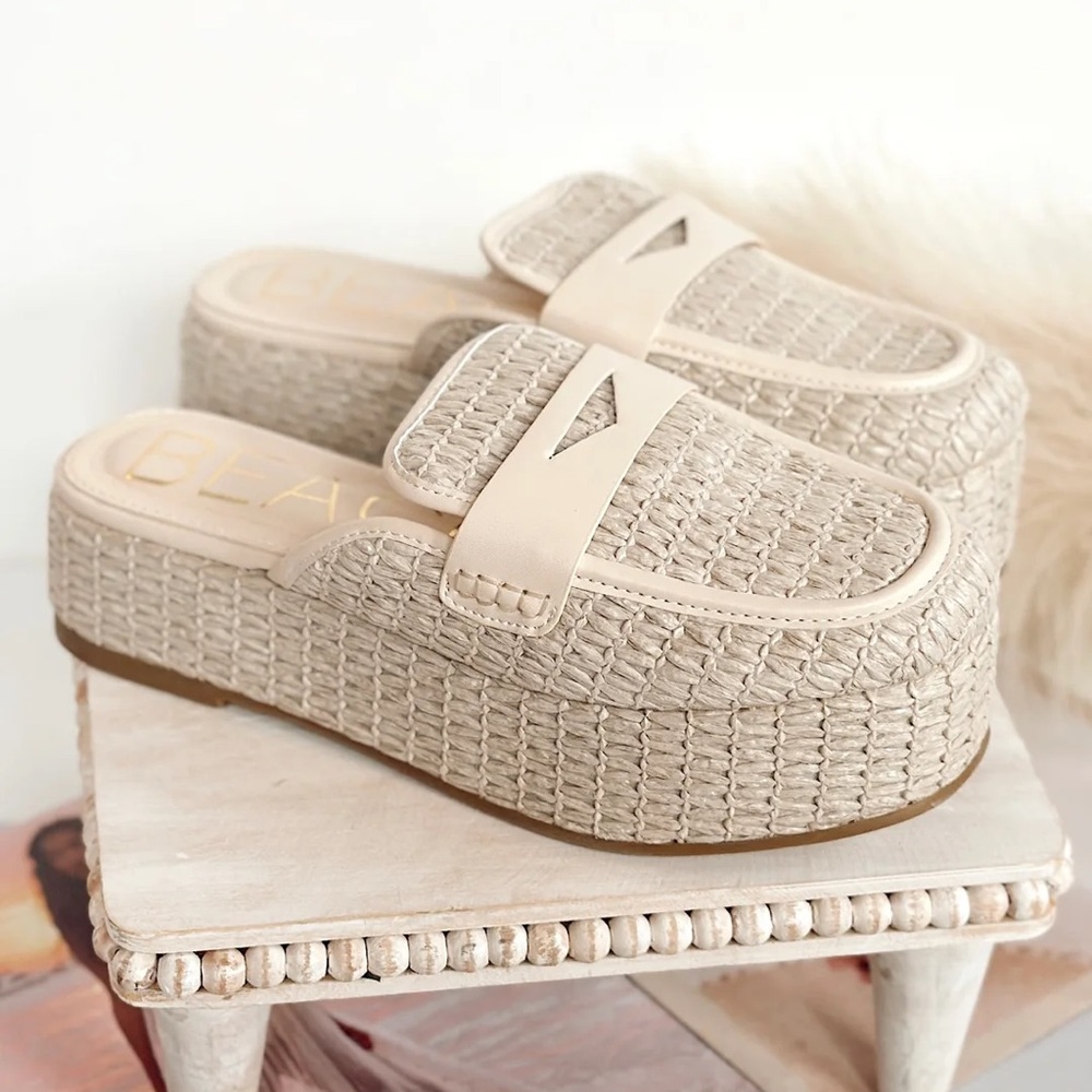 Beige Woven Platform Mules
